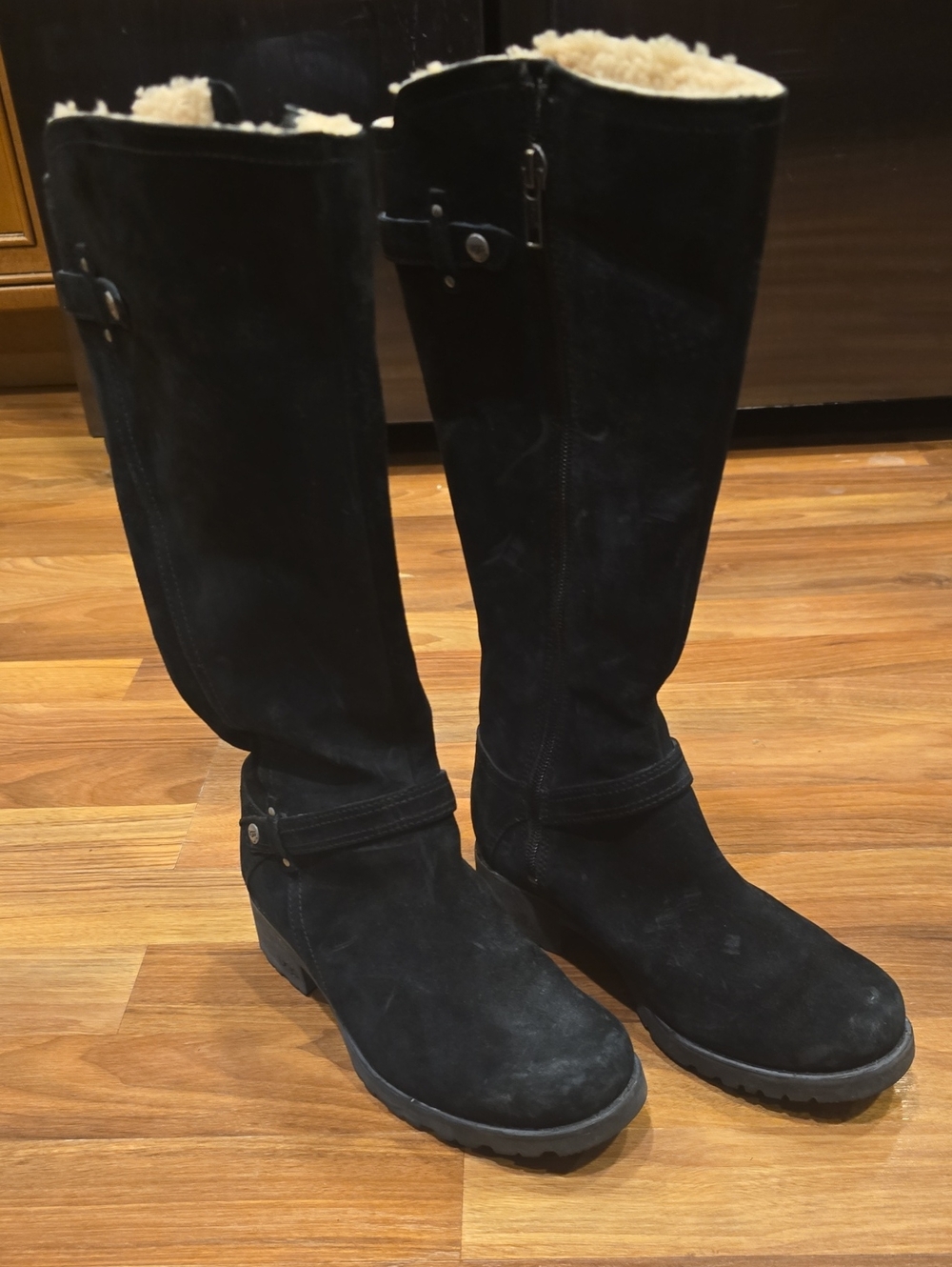 Women's Black Suede Tall Winter Boots with Shearling Lining